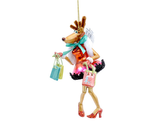 "Reindeer Lady Shopping" Christmas Glass Ornament